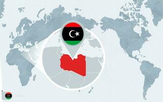 Pacífico centrado mundo mapa con magnificado Libia. bandera y mapa de Libia. vector