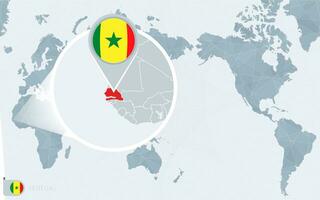 Pacific Centered World map with magnified Senegal. Flag and map of Senegal. vector