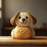 Small dog made of bread sitting on top of wooden table photo