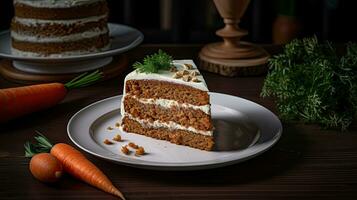 a slice of carrot cake on plate with carrots next to it AI Generative photo