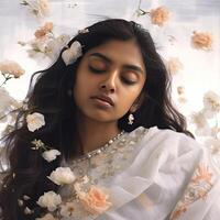 an indian woman with long hair surrounded with flowers photo