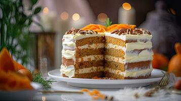 a cake with slice cut out of it on plate AI Generative photo