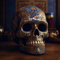 a skull with floral design on it's face photo