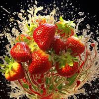 Strawberry blossom explosion with water and black background photo