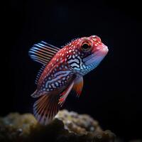 A fish that is sitting on some rocks in the water and looking at camera with black background photo