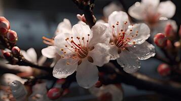 close up of flower on tree branch with water droplets photo
