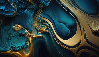 A blue and gold abstract painting with a gold background photo