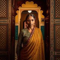 Beautiful Indian old lady wearing a saree in traditional look photo