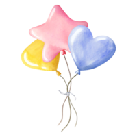 Pastel pink, lavender blue and yellow air balloons bouquet for kids birthday party watercolor illustration. Hand drawn clipart for greeting cards and invitations png