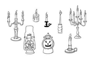 Doodle set of hand drawn halloween lantern, candles. Outline flat sketch flashlights on white background. Simple form Halloween design for coloring pages, stickers, tatoo vector