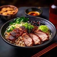 a plate of food with meat and noodles on table photo