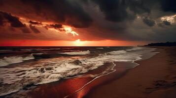 a sunset over beach with waves crashing photo