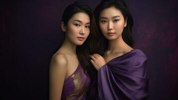 two asian women in purple dresses posing for a picture together AI Generative photo