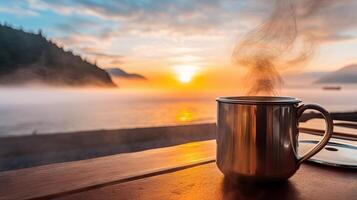 un taza de café con hermosa puesta de sol ai generativo foto