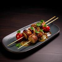 a plate of food with skewered meat and vegetables photo