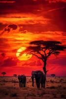 Stunning African safari scene at sunset with elephants, giraffes, and zebras under a fiery sky AI Generative photo