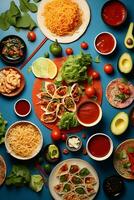 An international feast from above, a unifying spread of sushi, pasta, and tacos on a vibrant tablecloth AI Generative photo