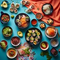 un internacional banquete desde arriba, un unificando untado de Sushi, pasta, y tacos en un vibrante Manteles ai generativo foto