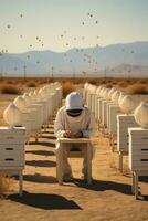 Bare minimalist capture of a beekeeper inspecting pristine white beehives photo