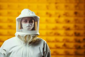 Beekeeper in white protective suit background with empty space for text photo