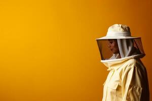 Beekeeper in white protective suit background with empty space for text photo