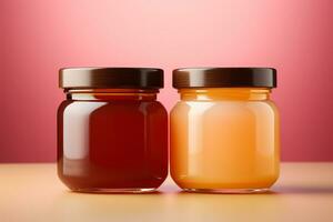 A simple honey jar designed with minimalism isolated on a gradient pink background photo