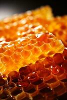 Honey tester probed into a honeycomb background with empty space for text photo