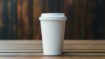 Closed up of white paper coffee cups on wooden table in blur cafe background.coffee cup mockup.generative ai photo