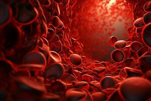 Microsopic of Red blood cells flowing through the blood vessels.medical and science research concept.generative ai photo