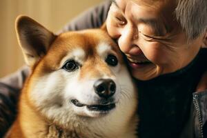 portrait of man and woman hugging cute shiba inu dog. pet concept photo