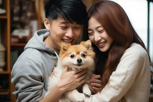 portrait of man and woman hugging cute pommellenium dog. pet concept photo