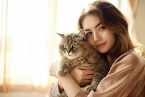 portrait of young woman hugging cute cat.pet concept.AI Generated photo