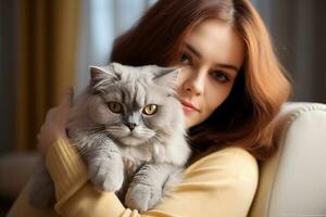 portrait of young woman hugging cute cat.pet concept.AI Generated photo