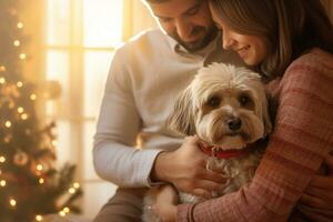 retrato de hombre y mujer abrazando linda shih tzu perro. mascota concepto foto