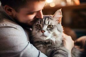 retrato de joven hombre abrazando linda gato.mascota concepto.ai generado foto