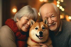 portrait of man and woman hugging cute shiba inu dog. pet concept photo