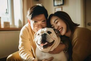 portrait of man and woman hugging cute bull dog. pet concept photo