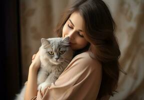 portrait of young woman hugging cute cat.pet concept.AI Generated photo