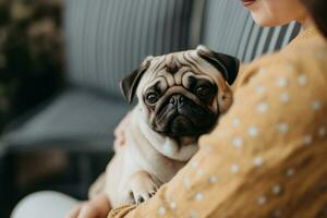 portrait of man and woman hugging cute pug dog. pet concept photo