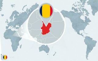 Pacífico centrado mundo mapa con magnificado Chad. bandera y mapa de Chad. vector