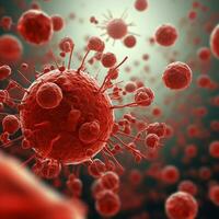 Microsopic of red virus bacteria attack blood cells .medical and science research concept.generative ai photo