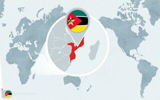 Pacífico centrado mundo mapa con magnificado Mozambique. bandera y mapa de Mozambique. vector