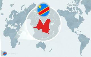 Pacific Centered World map with magnified DR Congo. Flag and map of DR Congo. vector