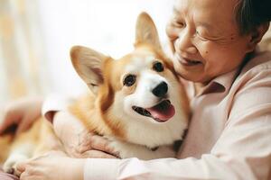 portrait of man and woman hugging cute corgi dog. pet concept photo