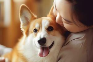 portrait of woman hugging cute corgi dog. pet concept photo