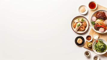 Top view of a simple Asian meal ramen dumplings and sushi illustrating diverse flavors photo