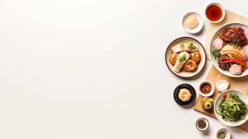 parte superior ver de un sencillo asiático comida ramen empanadillas y Sushi ilustrando diverso sabores ai generativo foto