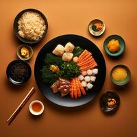 parte superior ver de un sencillo asiático comida ramen empanadillas y Sushi ilustrando diverso sabores ai generativo foto