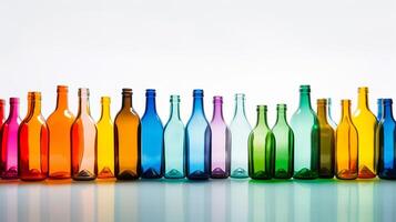 Spectrum of creativity - Vibrant glass bottles on a white backdrop with ample space for text photo