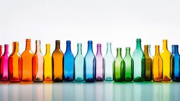 Spectrum of creativity - Vibrant glass bottles on a white backdrop with ample space for text AI Generative photo